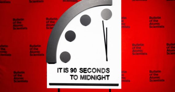 In this handout photo provided by Hastings Group Media on January 24, 2023, the Doomsday Clock reads "90 seconds to midnight," a decision made by The Bulletin of Atomic Scientists, during an announcement in Washington, DC. The "Doomsday Clock" symbolizing the perils to humanity moved its closest ever to midnight on January 24, 2023, amid the Ukraine war, nuclear tensions and the climate crisis. The Bulletin of the Atomic Scientists, which describes the clock as a "metaphor for how close humanity is to self-annihilation," moved its hands from 100 seconds to midnight to 90 seconds to midnight.,Image: 751364827, License: Rights-managed, Restrictions: RESTRICTED TO EDITORIAL USE - MANDATORY CREDIT "AFP PHOTO / Hastings Group Media" - NO MARKETING - NO ADVERTISING CAMPAIGNS - DISTRIBUTED AS A SERVICE TO CLIENTS, *** HANDOUT image or SOCIAL MEDIA IMAGE or FILMSTILL for EDITORIAL USE ONLY! * Please note: Fees charged by Profimedia are for the Profimedia's services only, and do not, nor are they intended to, convey to the user any ownership of Copyright or License in the material. Profimedia does not claim any ownership including but not limited to Copyright or License in the attached material. By publishing this material you (the user) expressly agree to indemnify and to hold Profimedia and its directors, shareholders and employees harmless from any loss, claims, damages, demands, expenses (including legal fees), or any causes of action or allegation against Profimedia arising out of or connected in any way with publication of the material. Profimedia does not claim any copyright or license in the attached materials. Any downloading fees charged by Profimedia are for Profimedia's services only. * Handling Fee Only ***, Model Release: no