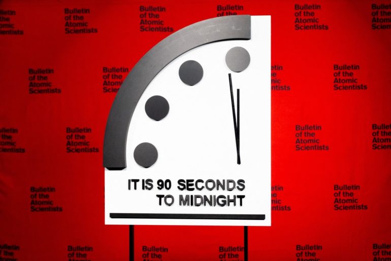 In this handout photo provided by Hastings Group Media on January 24, 2023, the Doomsday Clock reads "90 seconds to midnight," a decision made by The Bulletin of Atomic Scientists, during an announcement in Washington, DC. The "Doomsday Clock" symbolizing the perils to humanity moved its closest ever to midnight on January 24, 2023, amid the Ukraine war, nuclear tensions and the climate crisis. The Bulletin of the Atomic Scientists, which describes the clock as a "metaphor for how close humanity is to self-annihilation," moved its hands from 100 seconds to midnight to 90 seconds to midnight.,Image: 751364827, License: Rights-managed, Restrictions: RESTRICTED TO EDITORIAL USE - MANDATORY CREDIT "AFP PHOTO / Hastings Group Media" - NO MARKETING - NO ADVERTISING CAMPAIGNS - DISTRIBUTED AS A SERVICE TO CLIENTS, *** HANDOUT image or SOCIAL MEDIA IMAGE or FILMSTILL for EDITORIAL USE ONLY! * Please note: Fees charged by Profimedia are for the Profimedia's services only, and do not, nor are they intended to, convey to the user any ownership of Copyright or License in the material. Profimedia does not claim any ownership including but not limited to Copyright or License in the attached material. By publishing this material you (the user) expressly agree to indemnify and to hold Profimedia and its directors, shareholders and employees harmless from any loss, claims, damages, demands, expenses (including legal fees), or any causes of action or allegation against Profimedia arising out of or connected in any way with publication of the material. Profimedia does not claim any copyright or license in the attached materials. Any downloading fees charged by Profimedia are for Profimedia's services only. * Handling Fee Only ***, Model Release: no
