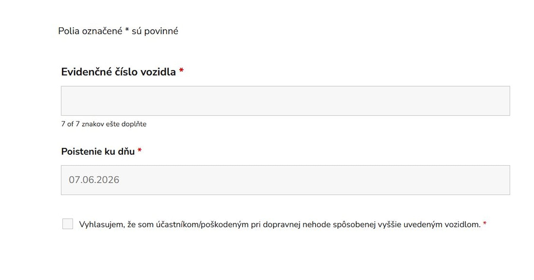 Screenshot stránky na zistenie informácií o poistení vozidla.