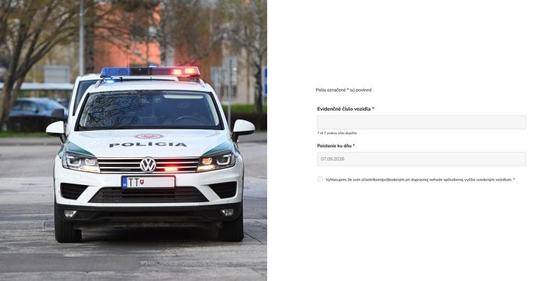 Policajné auto a screenshot stránky na zistenie informácií o poistení vozidla.