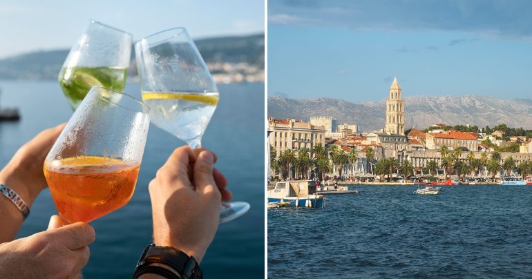 Alkohol pri mori a záber na mesto Split