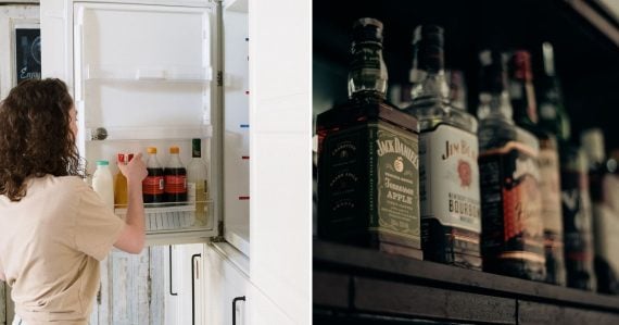 žena otvára chladničku, alkohol