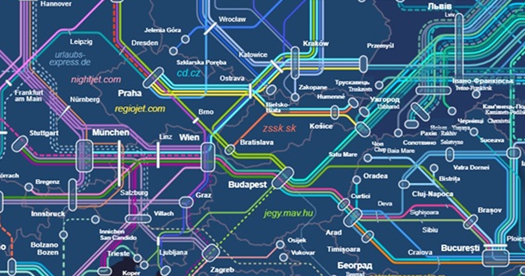 Mapa nočných vlakových spojov