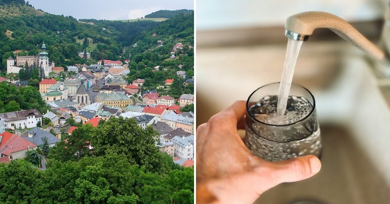 Záber na Banskú Štiavnicu a pohár vody