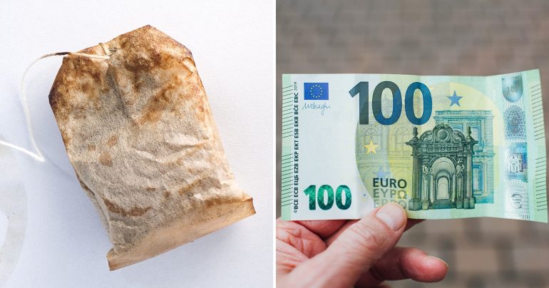Čajové vrecúško a stoeurová bankovka
