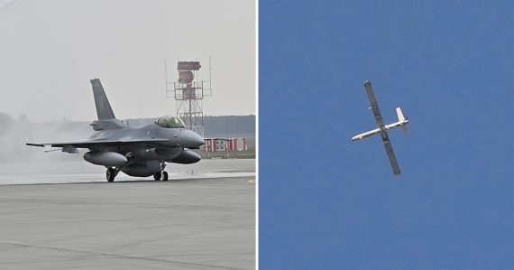 Zaber na stíhačku F-16 a dron