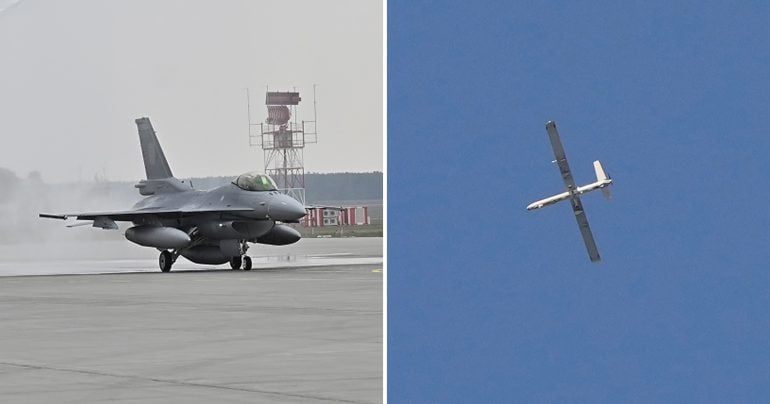 Zaber na stíhačku F-16 a dron