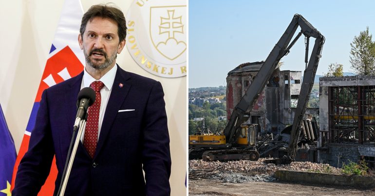 Minister obrany a tavenisko novej vojenskej nemocnice, vpravo budova bývalej kotolne