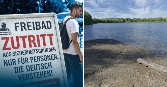 Plagát politickej strany AfD a prírodné kúpalisko