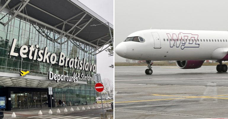 Budova letiska v Bratislave a lietadlo Wizz Air
