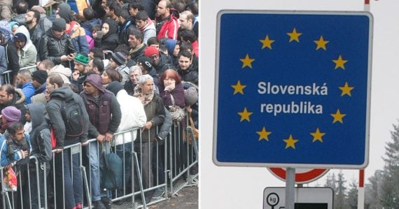Záber na migrantov a hraničnú dopravnú značku