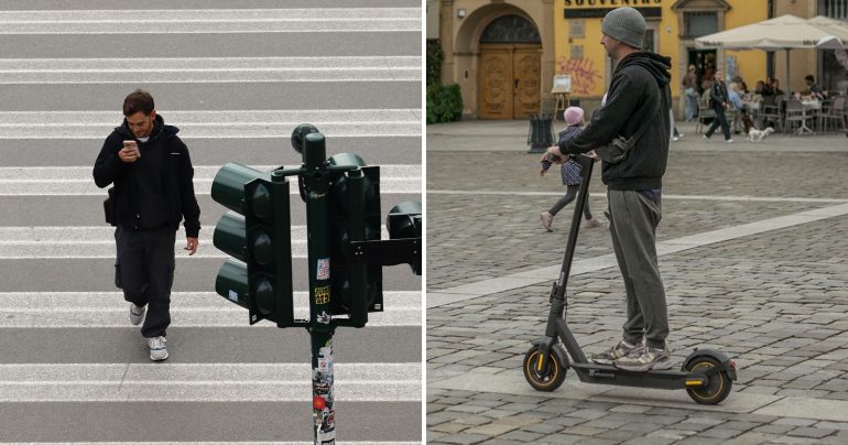 Chodec s mobilom v ruke a elektrokolobežka na chodníku