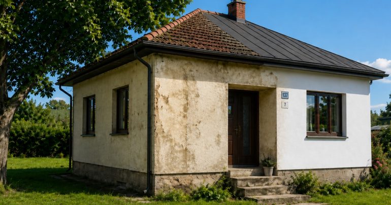 Dom, ktorý je z polovice zrekonštruovaný a zateplený na AI fotografii