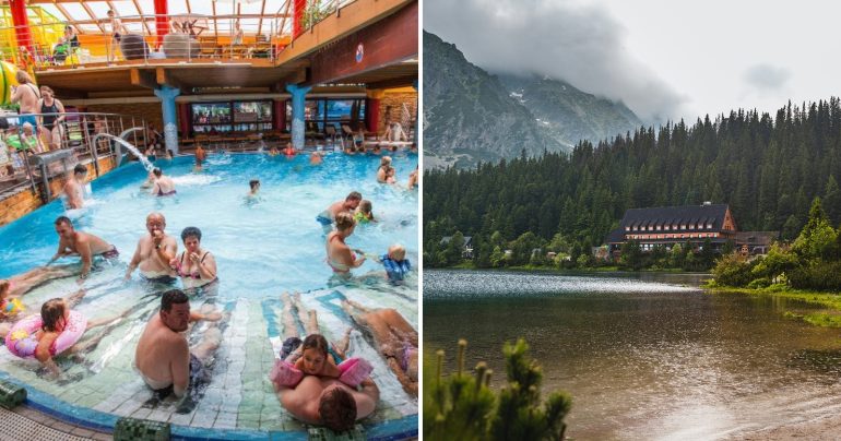 Ľudia v bazéne v aquaparku a hotel v Tatrách