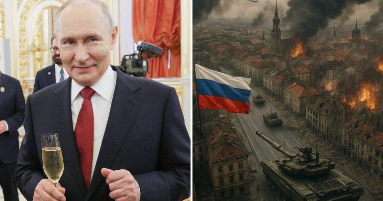 Vladimír Putin a ilustračný záber na vojnu