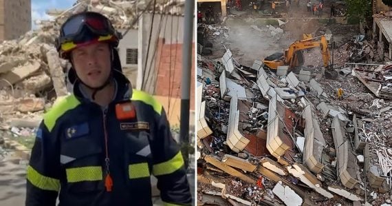 Slovenský záchranár a trosky budovy