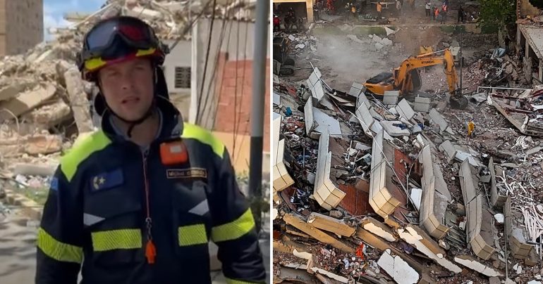 Slovenský záchranár a trosky budovy