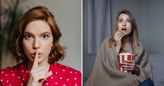 Žena s prstom na ústach a dievča s pukancami v ruke