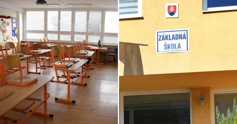 Pohľad na prázdnu triedu a budovu základnej školy