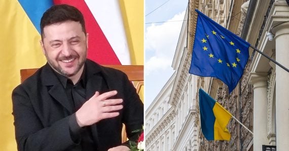 Ukrajinský prezident Volodymyr Zelenskyj a vlajka EÚ