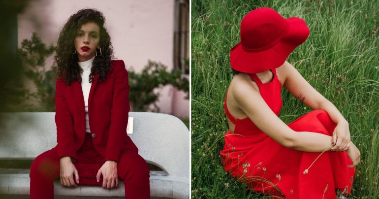 žena v červenej farbe oblečená