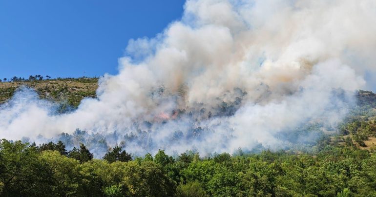 Dym stúpa k oblohe počas lesného požiaru pri obci Brestovica pri Komnu na hranici s Talianskom