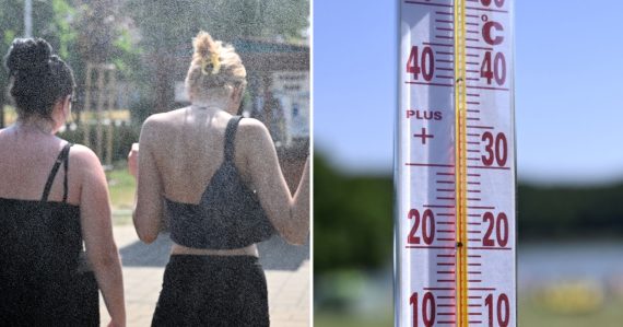 Záber na ľudí v horúčavách a na teplomer