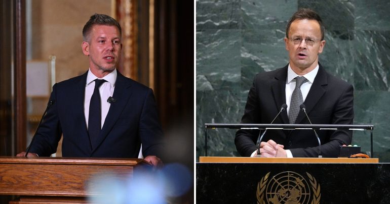 Predseda maďarskej vlády Péter Magyar a bývalý šéf maďarskej diplomacie Péter Szijjártó