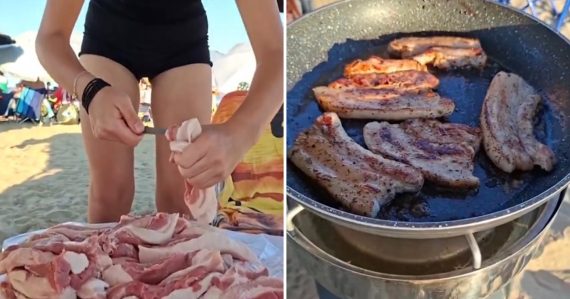 Záber turistov, ako si varia mäso na pláži