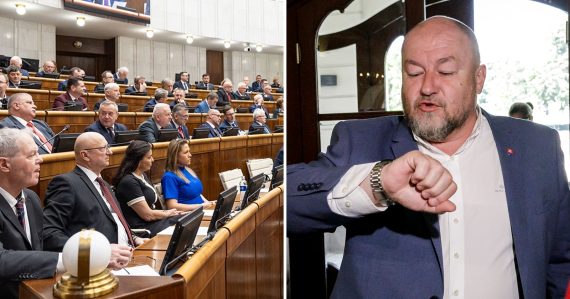 Pohľad do rokovacej sály parlamentu a na Rudolfa Huliaka
