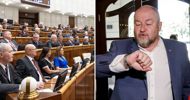Pohľad do rokovacej sály parlamentu a na Rudolfa Huliaka