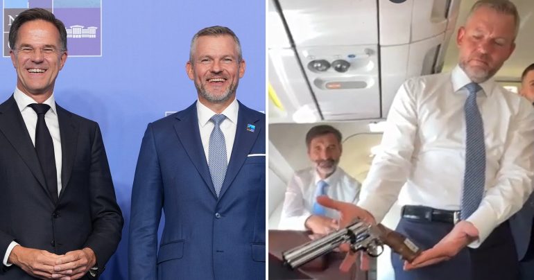 Peter Pellegrini a Mark Rutte a Pellegrini pózujúci s pištoľou