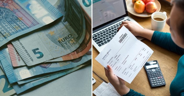 Eurové bankovky a žena platiaca účty