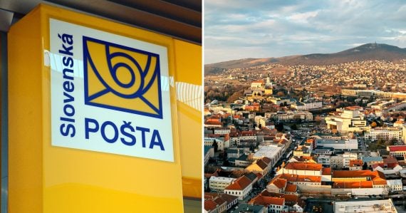Záber na logo pošty a mesto Nitra z vtáčej perspektívy