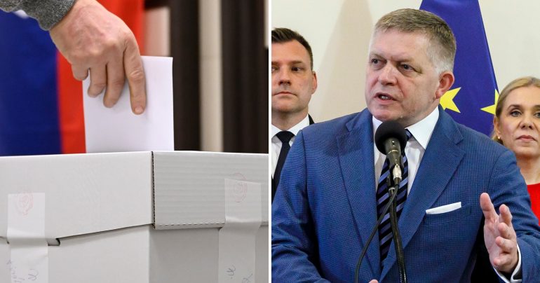 Záber na volebnú urnu a Roberta Fica