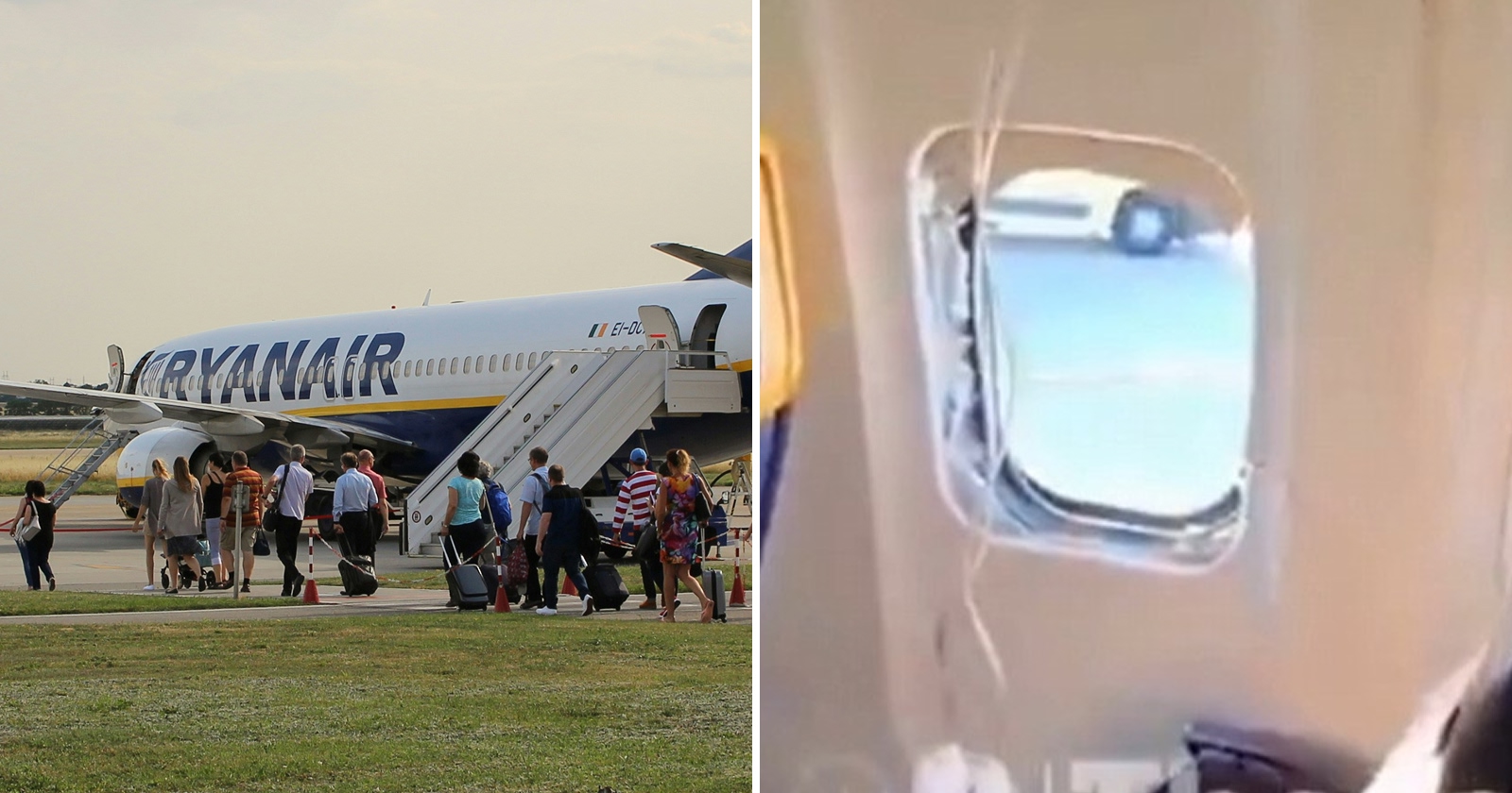 Lietadlo Ryanairu a pohľad zničené okno
