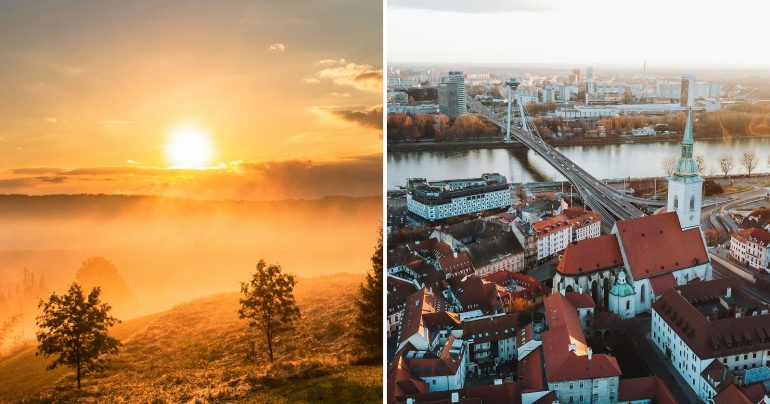 Záber na východ slnka a Bratislavu