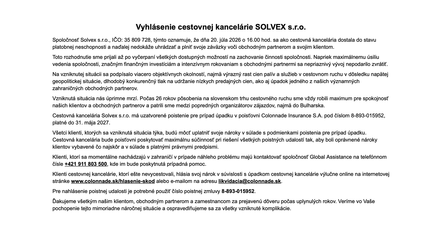 Vyhlásenei cestovnej kancelárie Solvex
