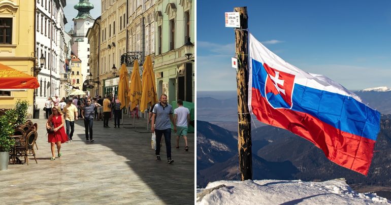Pohľad na ľudí na ulici a na slovenskú vlajku