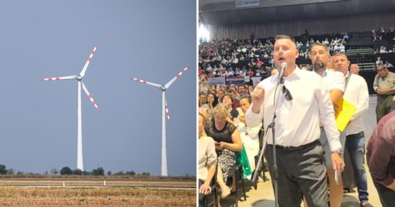Pohľad na veterné turbíny a Bombica počas vystúpenia