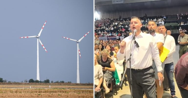 Pohľad na veterné turbíny a Bombica počas vystúpenia