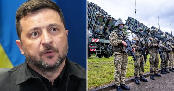 Volodymyr Zelenskyj a vojaci pred raketami Patriot