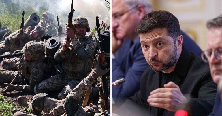 Ukrajinskí vojaci a prezident Zelenskyj