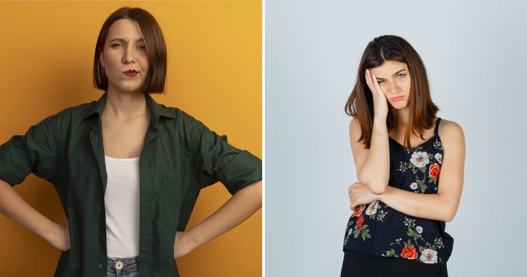 Žena s rukami vbok a smutné dievča