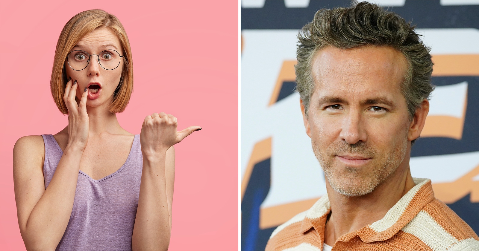 Prekvapená žena ukazuje prstom a herec Ryan Reynolds