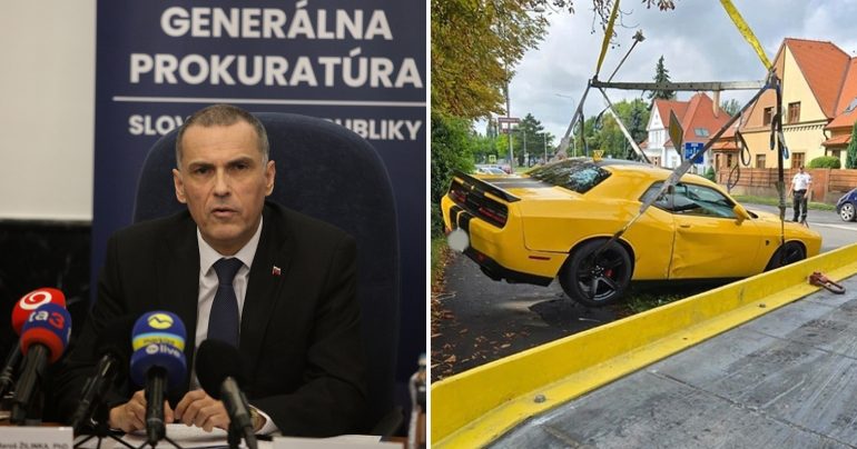 Generálny prokurátor Maroš Žilinka a havarované auto Pavla Gašpara