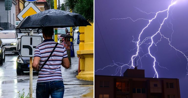 Muž s dáždnikom a búrka s bleskami