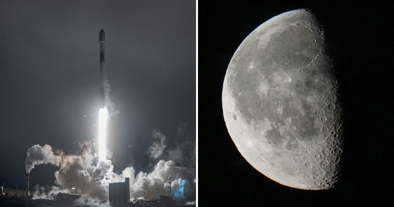 Ilustračný záber rakety Falcon 9 a Mesiaca