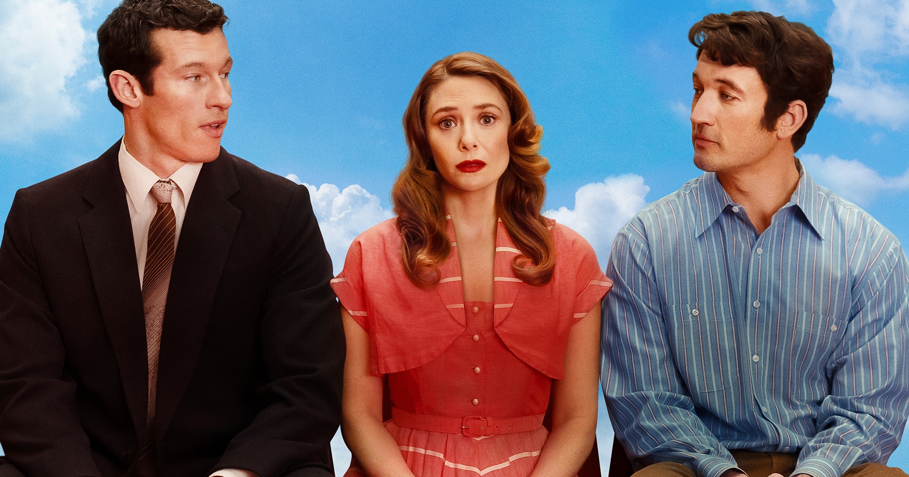 Callum Turner, Elizabeth Olsen a Miles Teller vo filme Eternity