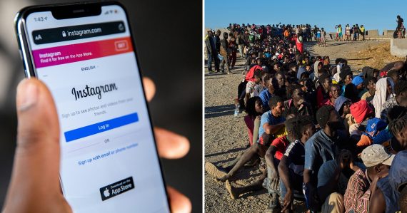 Pohľad na migrantov a otvorenú aplikáciu Instagram